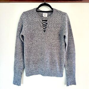 Hippie Rose Gray Lace-Up Knit Sweater Women’s Small Boho Cozy